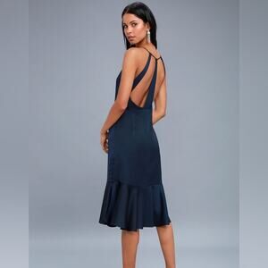 Lulus Alston Navy Blue Satin Midi Dress Size S